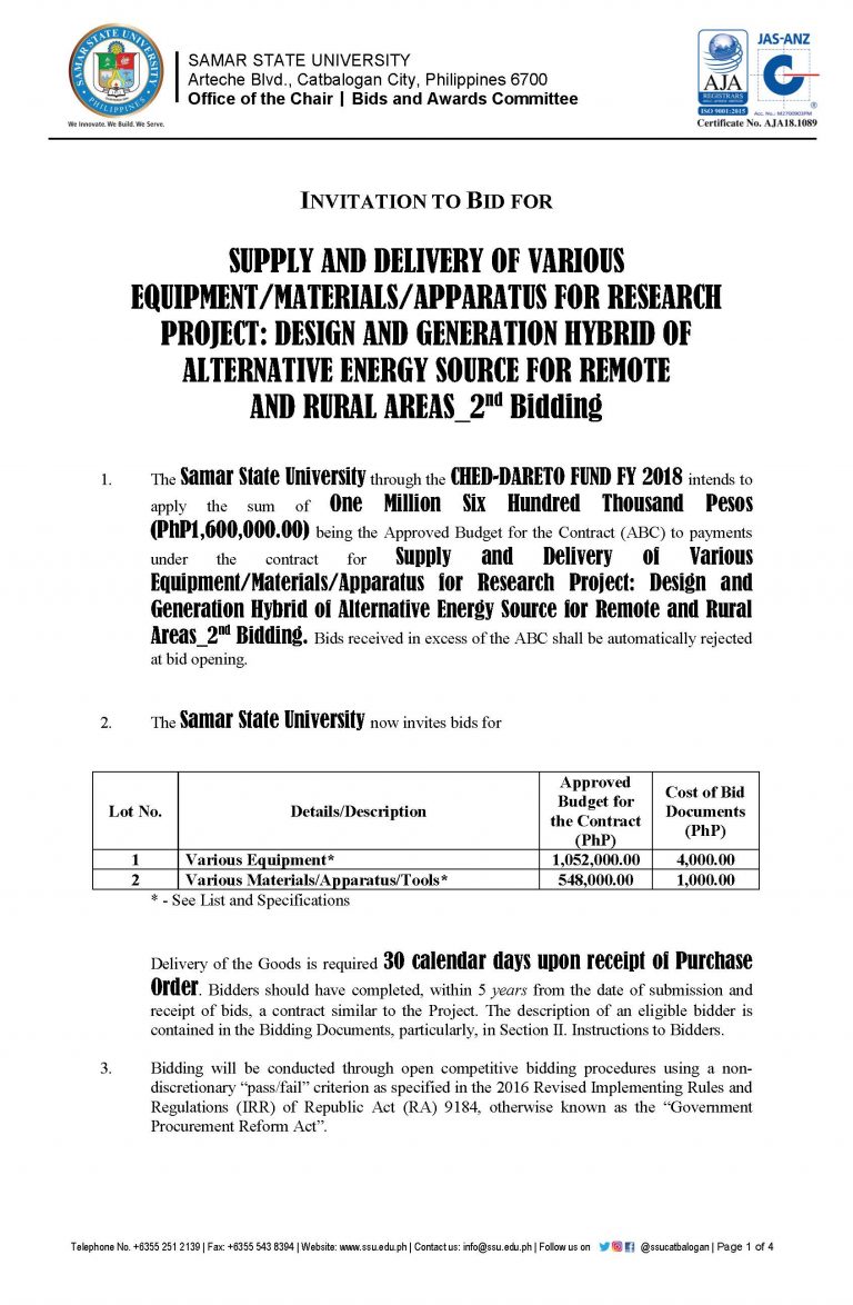 SUPPLY AND DELIVERY OF VARIOUS EQUIPMENT/MATERIALS/APPARATUS FOR RESEARCH PROJECT: DESIGN AND GENERATION HYBRID OF ALTERNATIVE ENERGY SOURCE FOR REMOTE AND RURAL AREAS_2nd Bidding