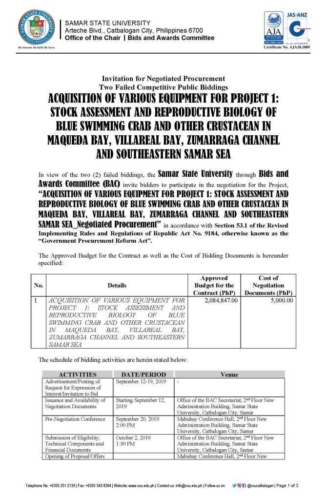 ACQUISITION OF VARIOUS EQUIPMENT FOR PROJECT 1: STOCK ASSESSMENT AND REPRODUCTIVE BIOLOGY OF BLUE SWIMMING CRAB AND OTHER CRUSTACEAN IN MAQUEDA BAY, VILLAREAL BAY, ZUMARRAGA CHANNEL AND SOUTHEASTERN SAMAR SEA