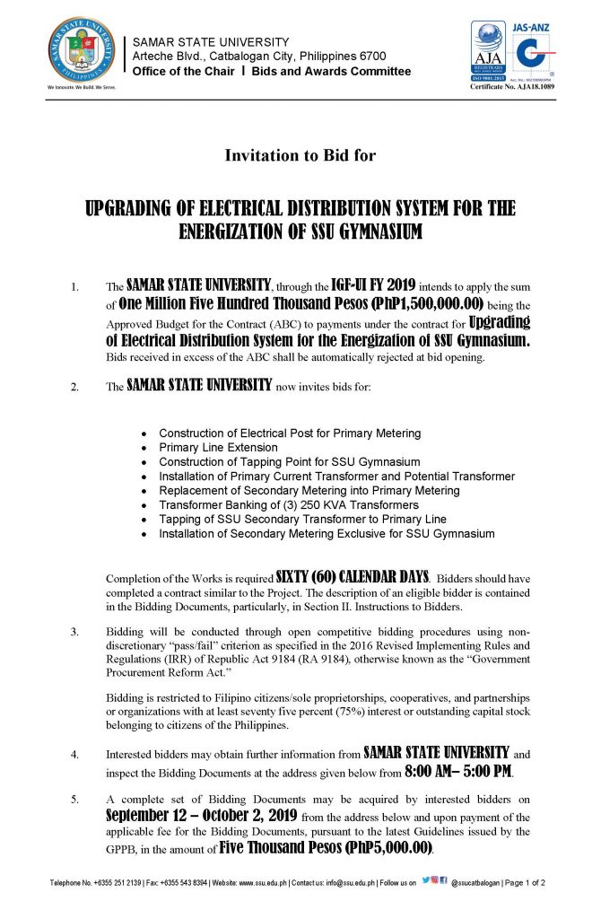 UPGRADING OF ELECTRICAL DISTRIBUTION SYSTEM FOR THE ENERGIZATION OF SSU GYMNASIUM