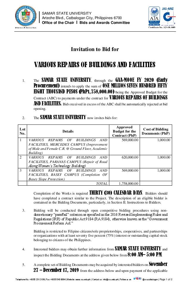 VARIOUS REPAIRS OF BUILDINGS AND FACILITIES