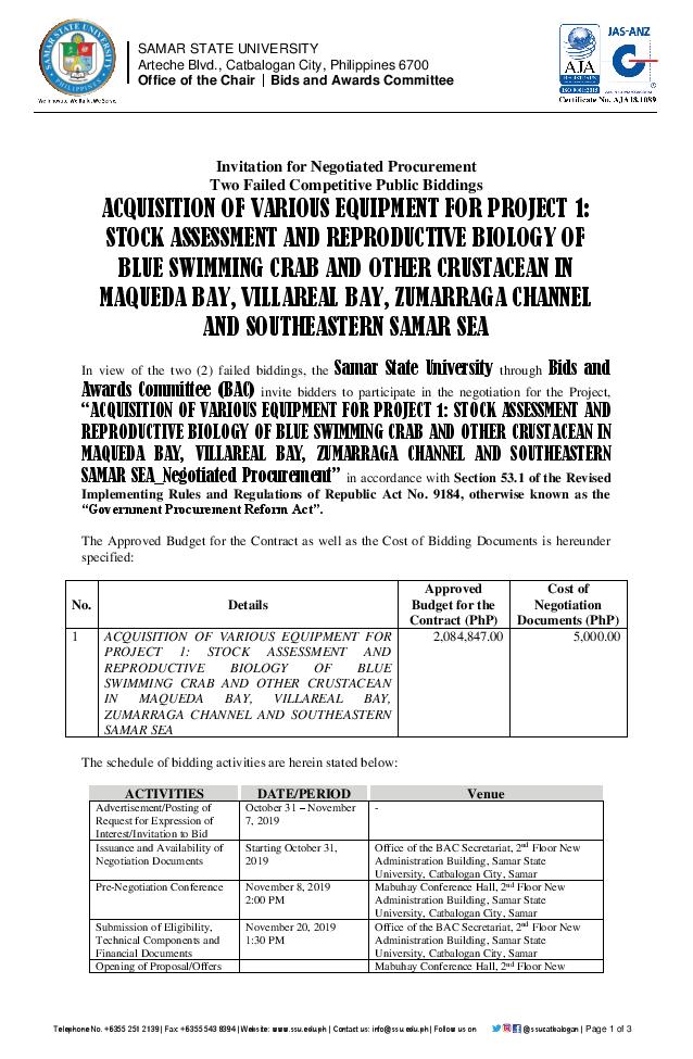 ACQUISITION OF VARIOUS EQUIPMENT FOR PROJECT 1: STOCK ASSESSMENT AND REPRODUCTIVE BIOLOGY OF BLUE SWIMMING CRAB AND OTHER CRUSTACEAN IN MAQUEDA BAY, VILLAREAL BAY, ZUMARRAGA CHANNEL AND SOUTHEASTERN SAMAR SEA