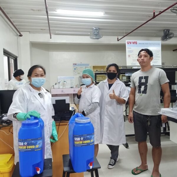 SSU faculty-researchers turn over hand sanitizers to seven barangays