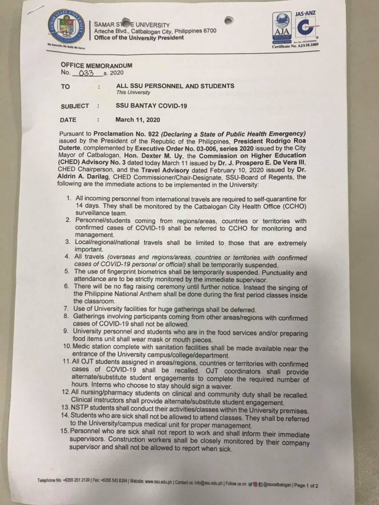 Office Memorandum No. 033, s. 2020 Issued March 11, 2020 ( SSU Bantay COVID-19) 1