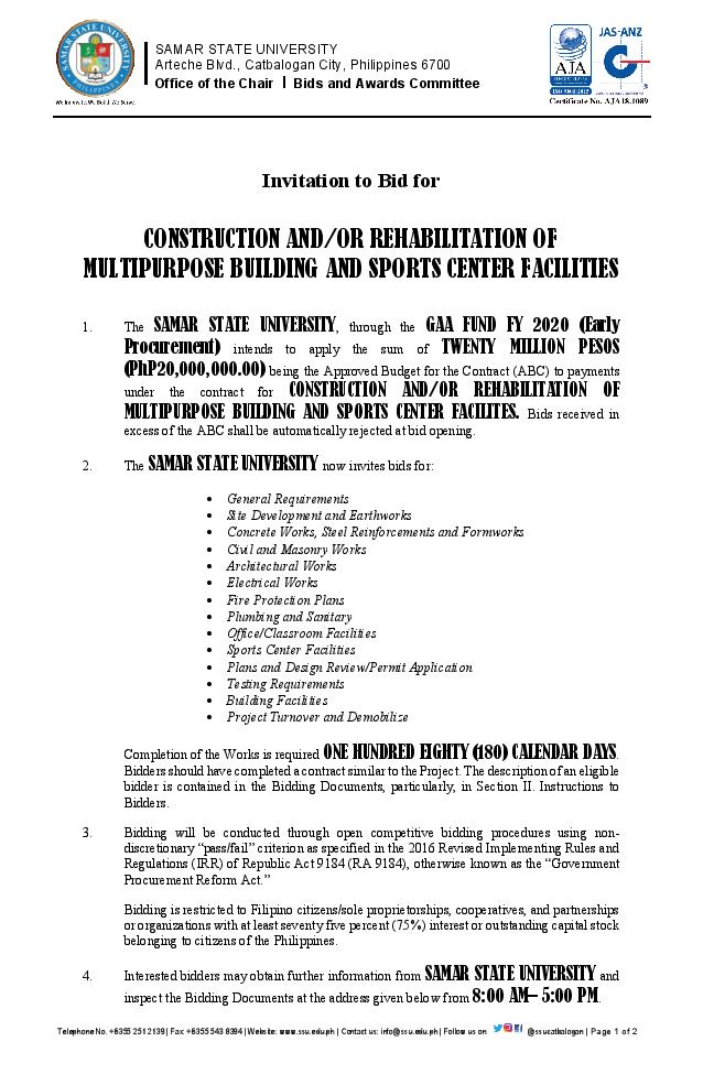 CONSTRUCTION AND/OR REHABILITATION OF MULTIPURPOSE BUILDING AND SPORTS CENTER FACILITIES