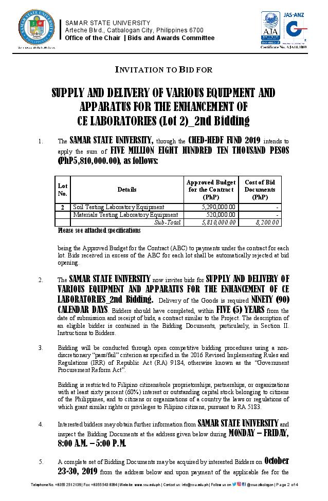 SUPPLY AND DELIVERY OF VARIOUS EQUIPMENT AND APPARATUS FOR THE ENHANCEMENT OF CE LABORATORIES (Lot 2)_2nd Bidding