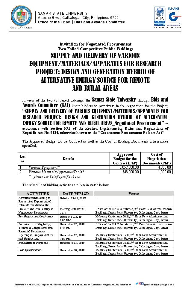 SUPPLY AND DELIVERY OF VARIOUS EQUIPMENT/MATERIALS/APPARATUS FOR RESEARCH PROJECT: DESIGN AND GENERATION HYBRID OF ALTERNATIVE ENERGY SOURCE FOR REMOTE AND RURAL AREAS