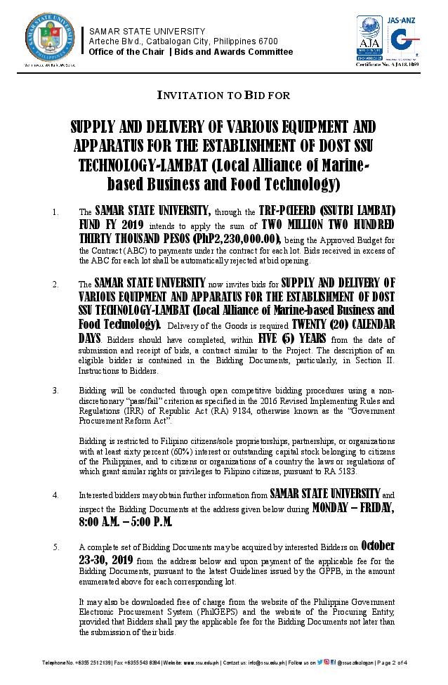 SUPPLY AND DELIVERY OF VARIOUS EQUIPMENT AND APPARATUS FOR THE ESTABLISHMENT OF DOST SSU TECHNOLOGY-LAMBAT (Local Alliance of Marine- based Business and Food Technology)