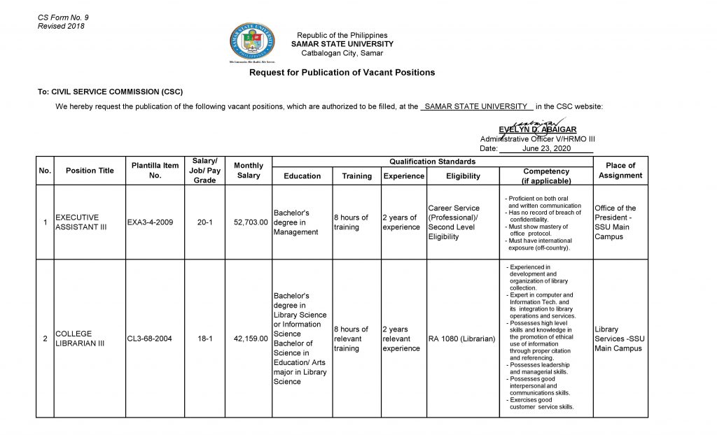 SSU - CS Form No. 9 Publication of Vacant Positions