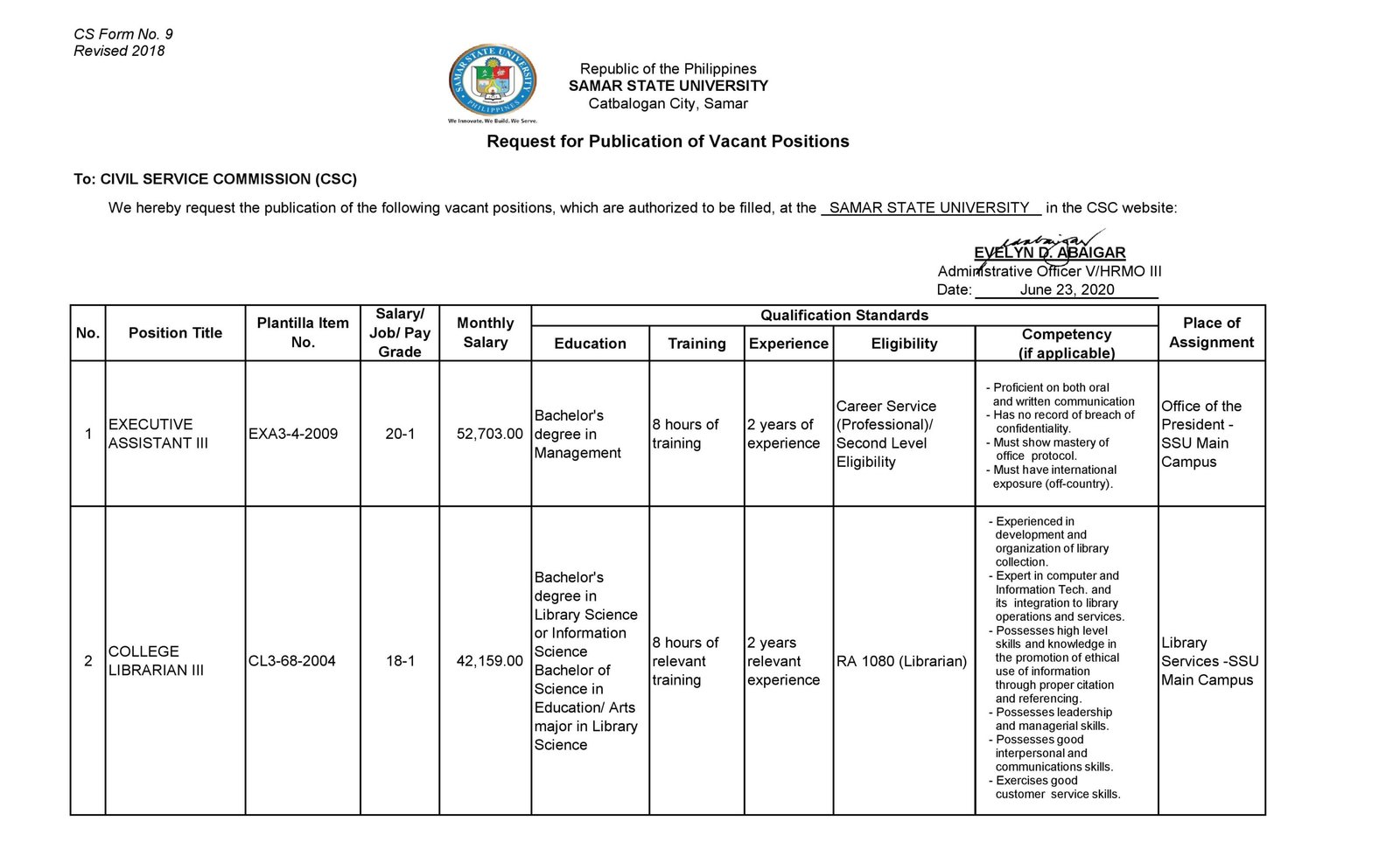 SSU - CS Form No. 9 Publication of Vacant Positions
