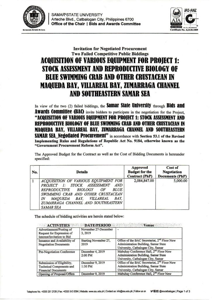 Acquisition of Varrious Equipment for Project 1: STock Assessment and Reproductive Biology of Blue Swimming Crab and Other Crustacean in Maqueda Bay, Villareal Bay, Zummaraga Channel and Southeastern Samar Sea