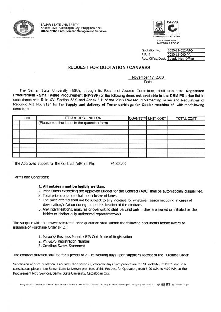 Supply and delivery of Toner cartridge for Copier machine (Supply Office 2020) (RFQ # 2020-11-022-RFQ)