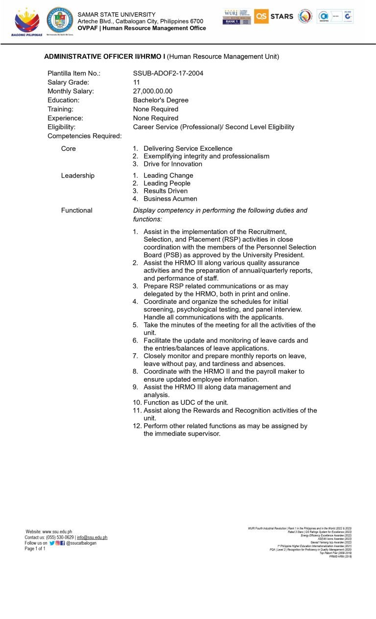 Administrative Officer II (HRMO I ) - Samar State University